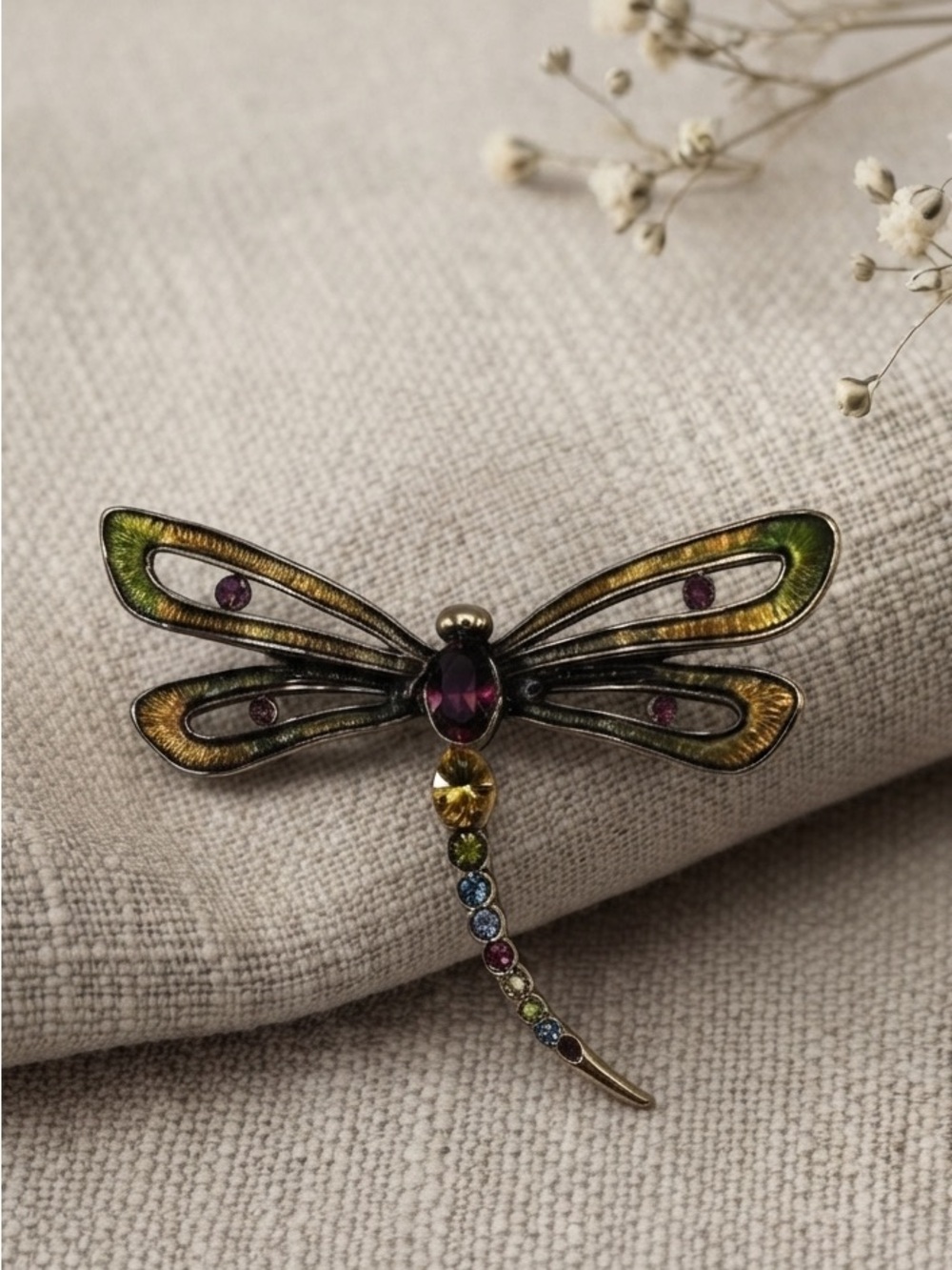 Vintage Monet Enamel Rhinestone Dragonfly Brooch